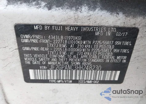 2017 Subaru Crosstrek 2.0I Limited z USA, uszkodzony, nr VIN JF2GPANC3HH248230